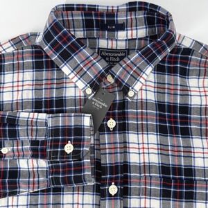 Abercrombie Fitch Mens Slim Fit Plaid Button Down Shirt‎ Blue Red White M NWT